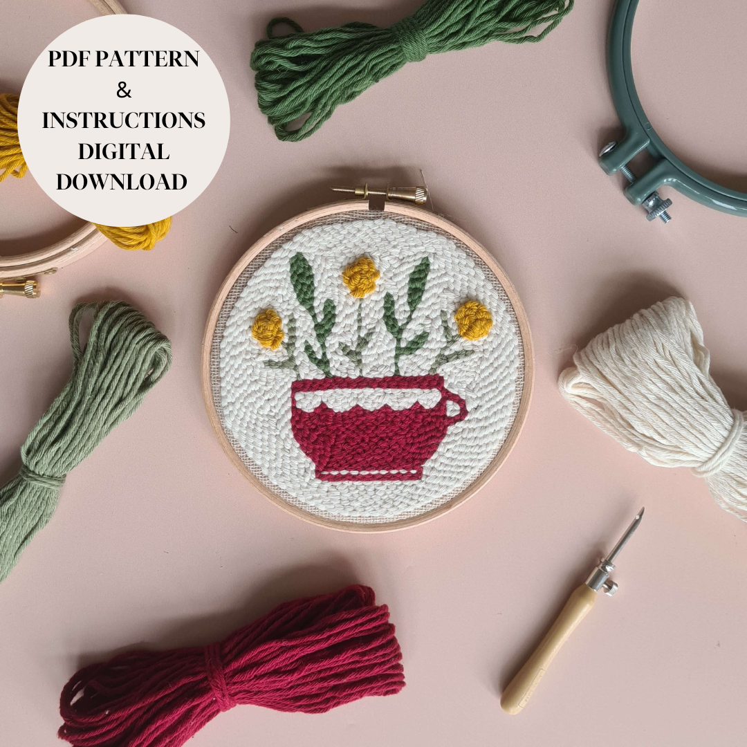Floral Teacup Background Daisy PDF Punch Needle Pattern / Digital Download