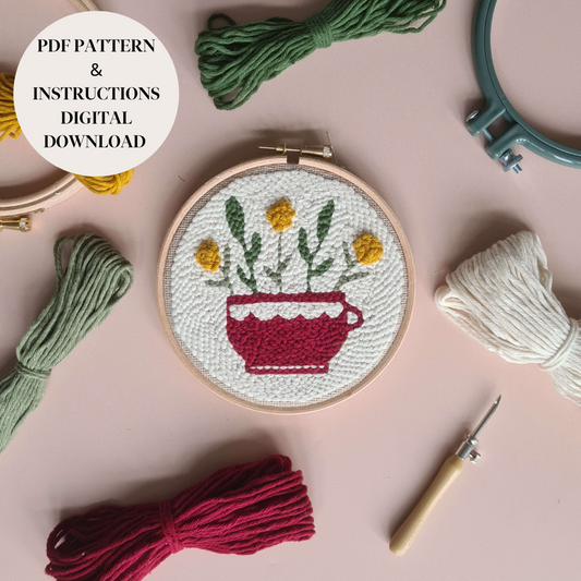 Floral Teacup Background Daisy PDF Punch Needle Pattern / Digital Download